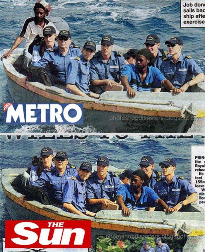 A rank amateur Photoshop fail from News International. Aside from the ethics (never The Sun’s strong point) of doctoring 'news' photos, a chimp with an Etch-A-Sketch could have done a more convincing job. The clumsy use of the Photoshop clone tool has created a dead giveaway pattern where the figure was. That, and they left his knee behind