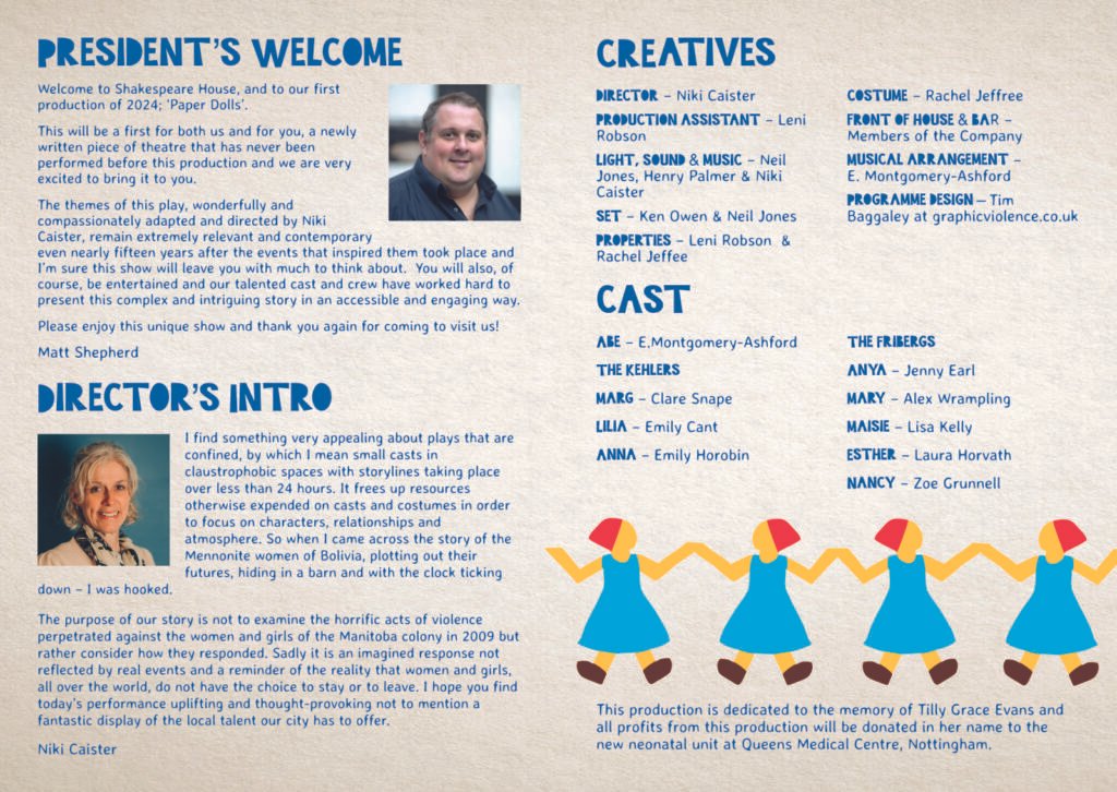 Programme centrespread for Derby Shakespeare Theatre Company's production of 'Paper Dolls'