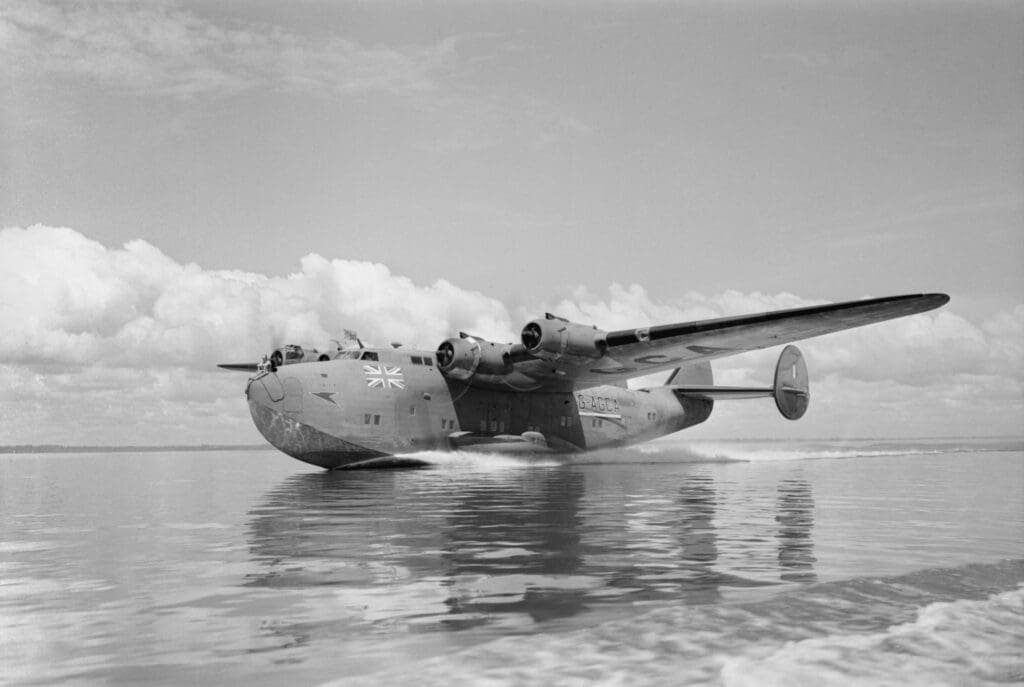 A BOAC Boeing 314 Clipper lands on Lagos Lagoon 1943